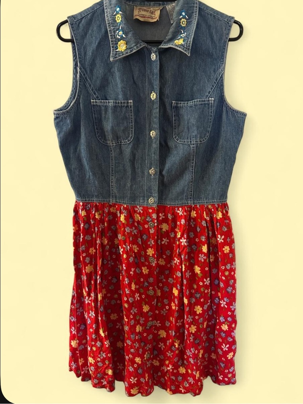 American Vintage Denim Blue Sleeveless Button-Up Vest Floral Dress
